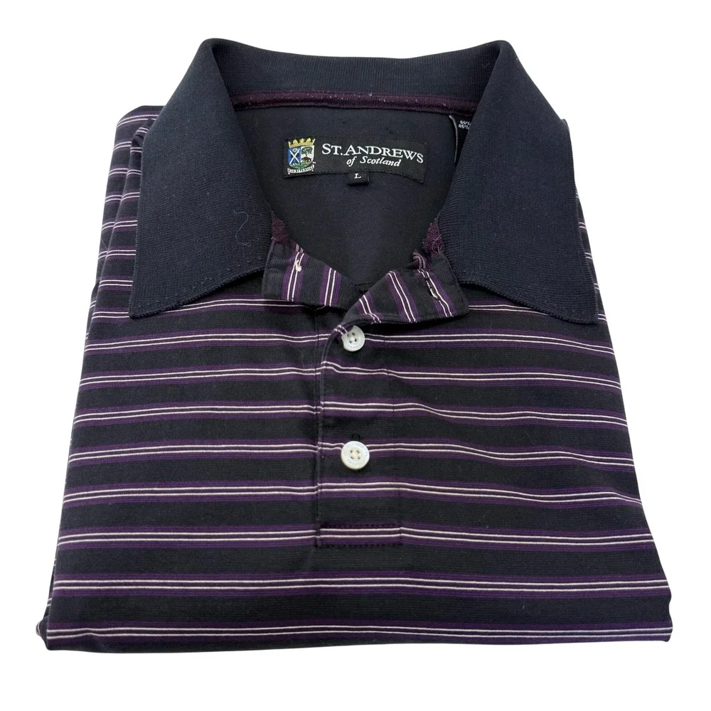 St Andrews of Scotland Mens Large Polo Shirt Purple Black Striped Short‎ Sleeve